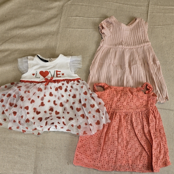 Other - 3 Baby Girl Dresses 0-3 Months Pink Coral White Heart Tulle Lot